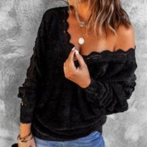 Sexy black off shoulder sweater with lace trim